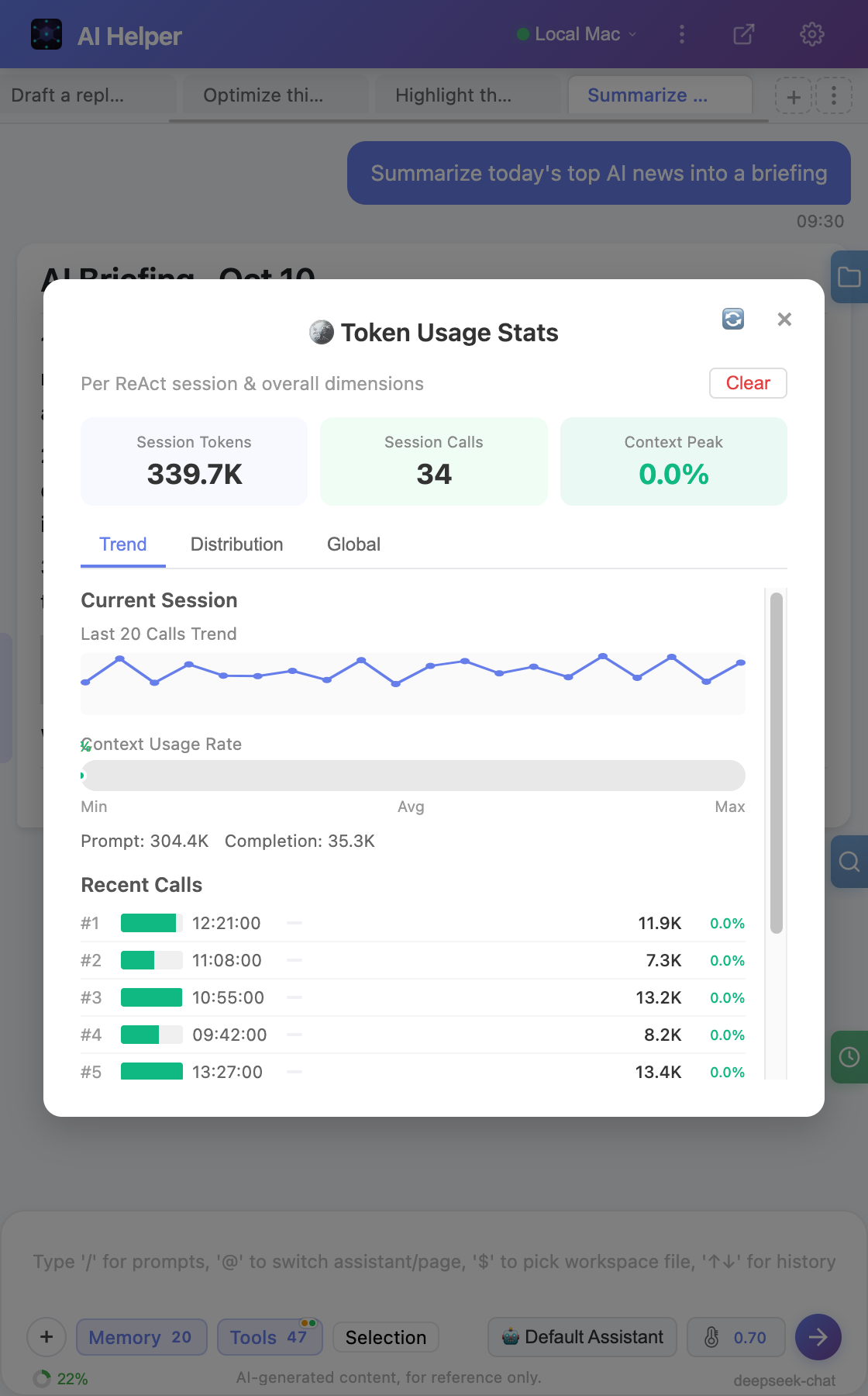 Token usage stats