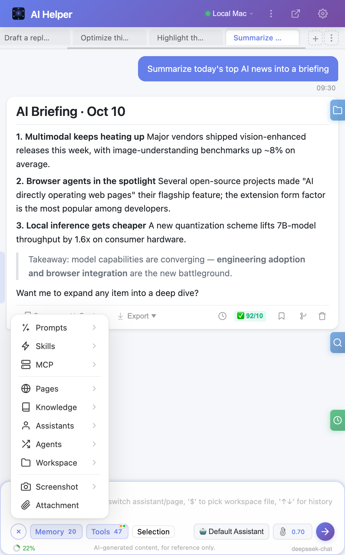 Feature hub menu