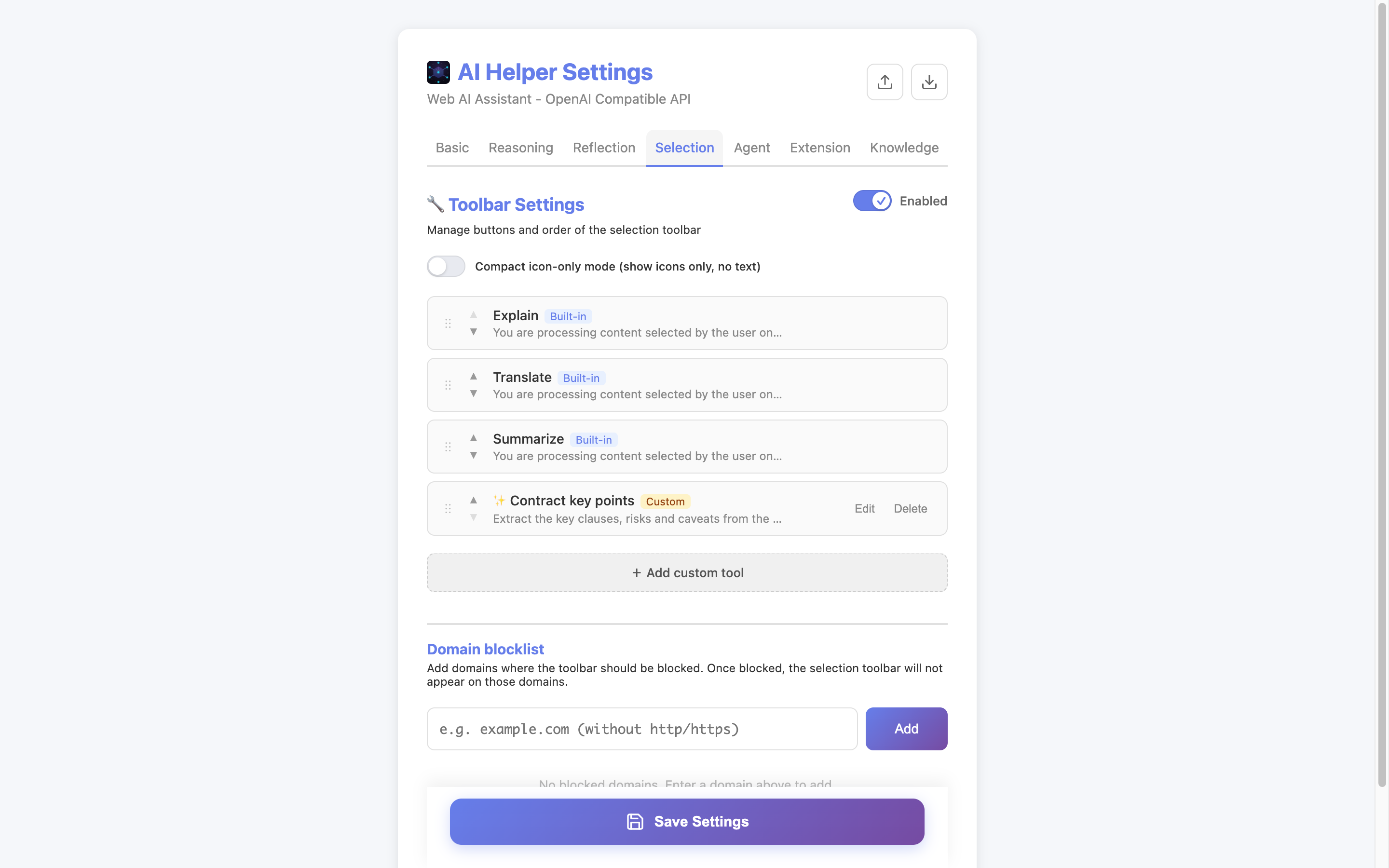 Selection toolbar settings